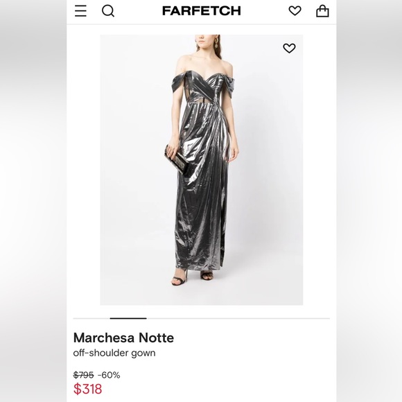 Marchesa Notte Off-Shoulder Gown in Gunmetal Silver - Picture 6 of 10